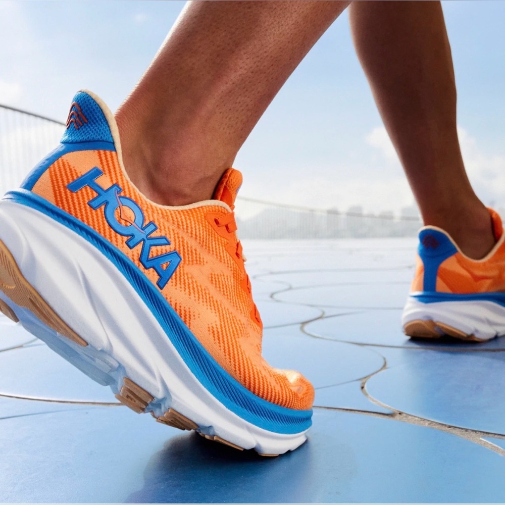 Hoka Clifton 9 Dynamic Orange and Blue Sneakers